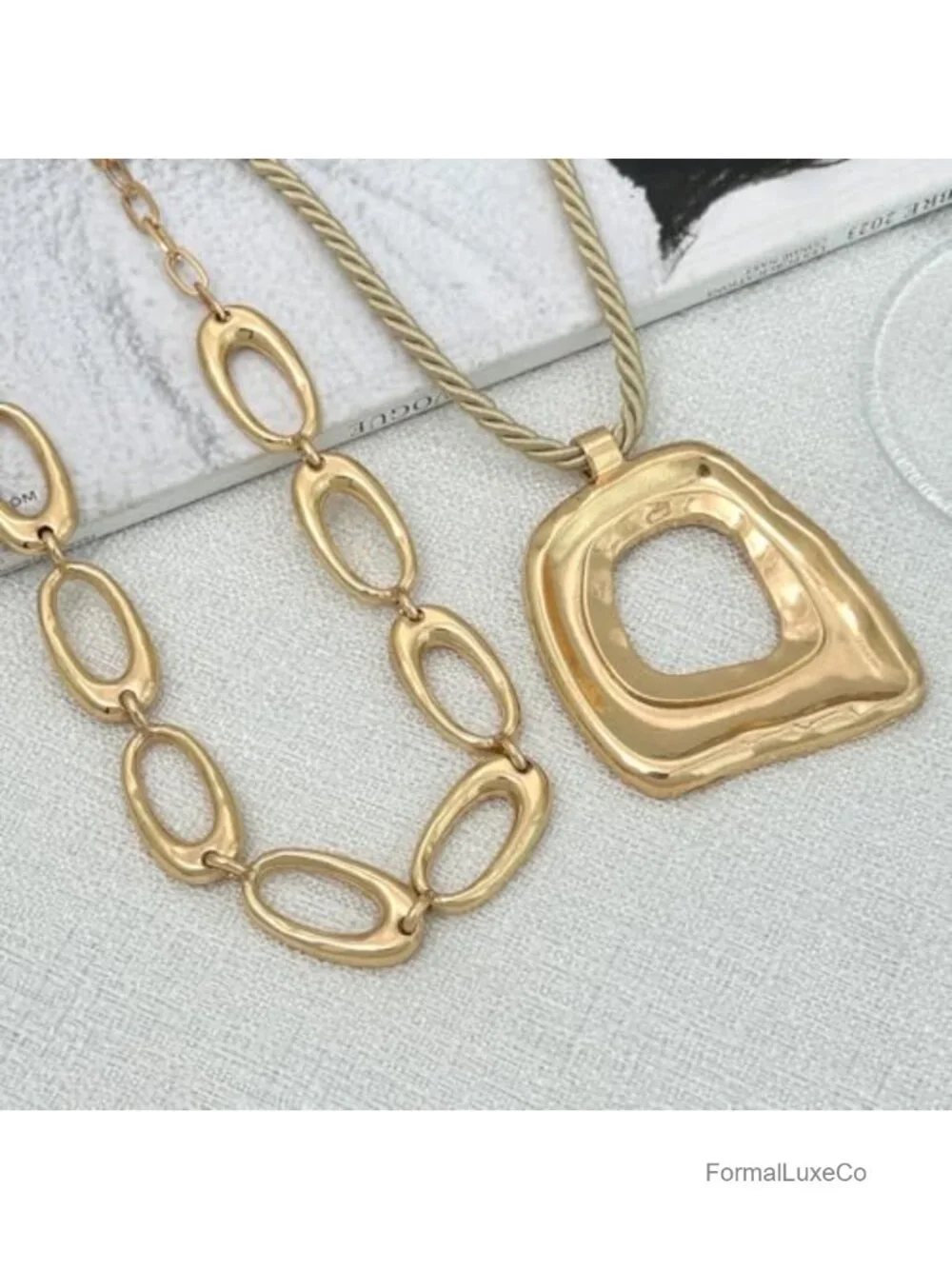 Geometric Hollow Square Pendant Rope Chain Necklace Gold-Tone Alloy Statement